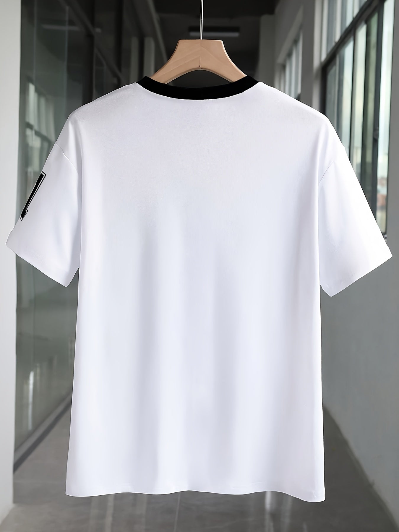 Casual V-Neck Short Sleeve T-Shirt with Bold '91' Digital Print - White & Black Contrast