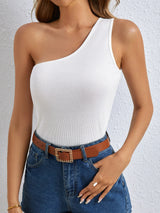 One Shoulder Ribbed Tank Top – Sleeveless Asymmetrical Slim Fit Summer Tee