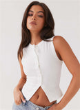 Rib-Knit Open Front Button Sleeveless Cropped Camisole Top