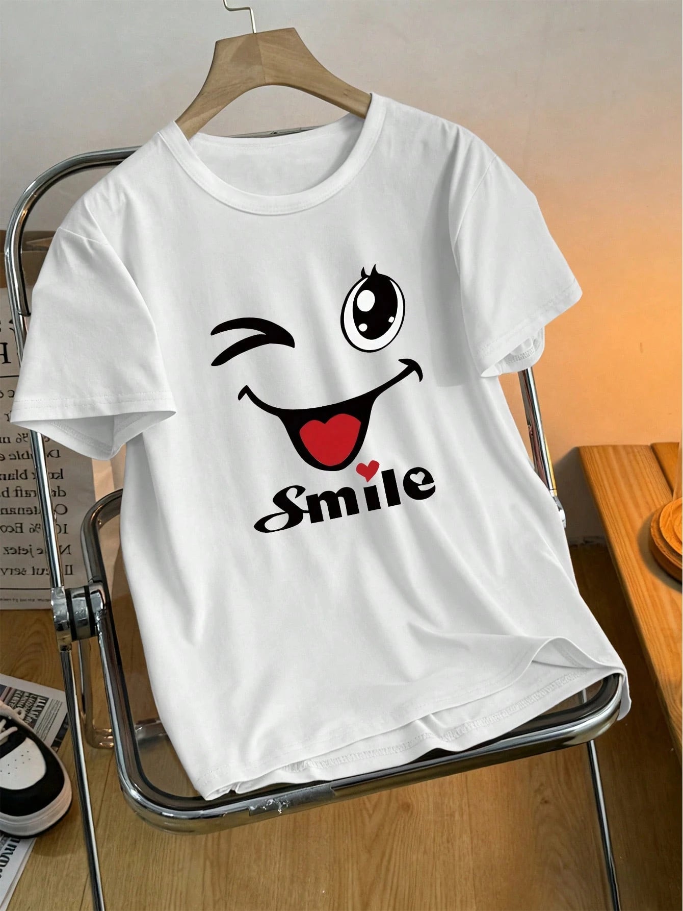 Casual Cartoon Print Round Neck White Short Sleeve T-Shirt, Summer Top