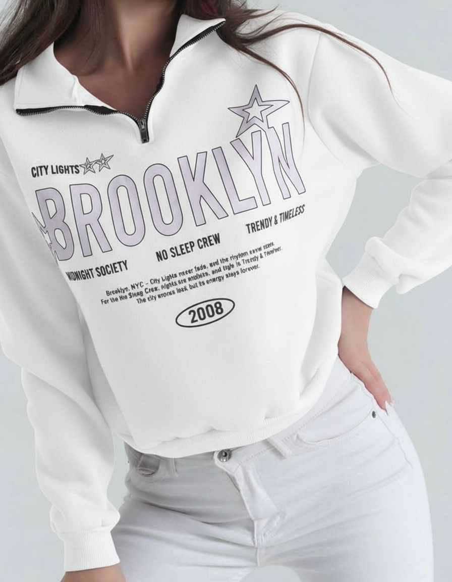 Half Zip Drop Shoulder "BROOKLYN" Letter Print Oversized Sweatshirt, Long Sleeve
